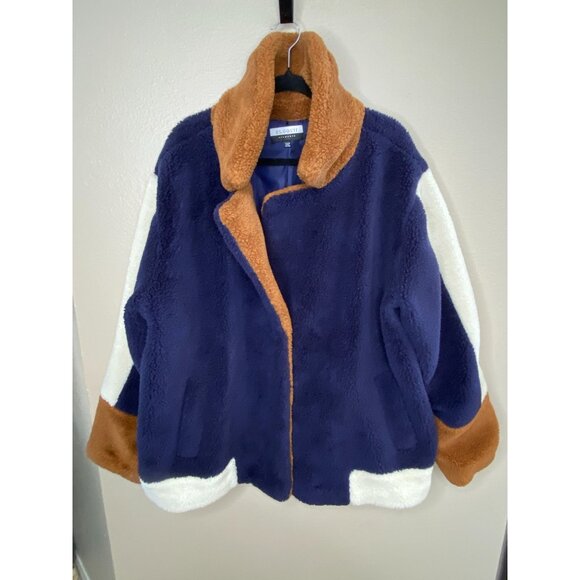Eloquii Elements Womens Plus Size Colorblock Sherpa Jacket 22/24‎ Navy Tan White - Picture 2 of 7